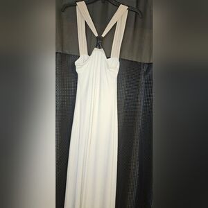 BEBE WOMEN'S WHITE MAXI KNIT DRESS WITH BEIGE HALTER TOP SIZE MEDIUM